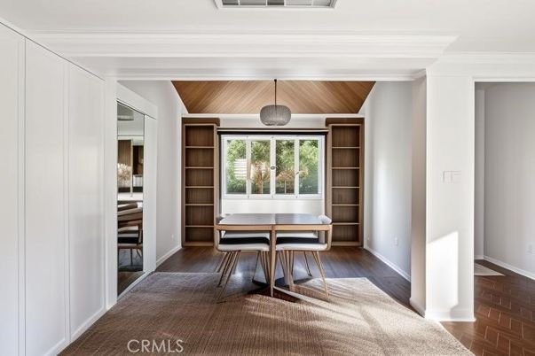 Dining room, Interior, Pendant Lights, Wooden Ceilings, Wood Texture Flooring, Wooden Walls