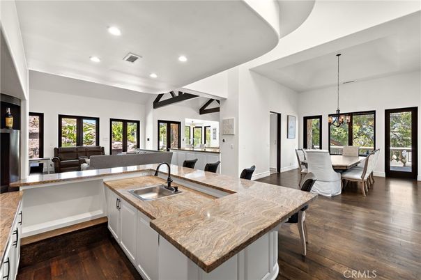 Chandelier, Dining room, Interior, Kitchen, Living room, Pendant Lights, Recessed Lighting, Wood Texture Flooring