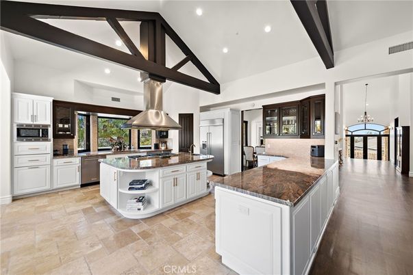 Chandelier, Interior, Kitchen, Pendant Lights, Recessed Lighting, Stainless Steel Appliances, Wooden Beams