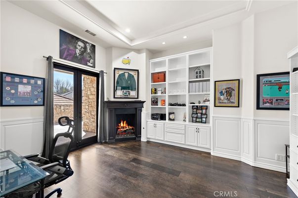 Fireplace, Home Office, Interior, Recessed Lighting, Wood Texture Flooring