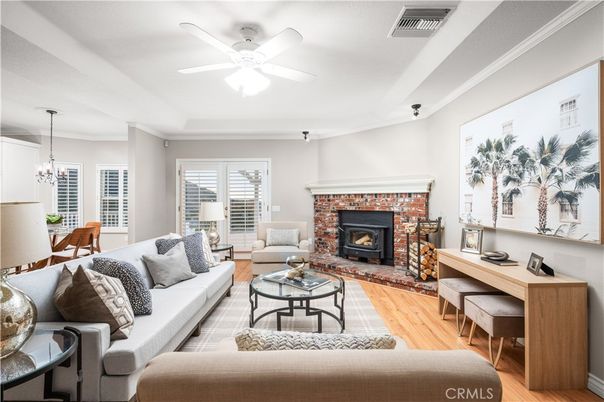 Dining room, Fireplace, Interior, Living room, Pendant Lights, Wood Texture Flooring