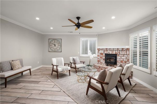 Fireplace, Interior, Living room, Recessed Lighting, Wood Texture Flooring
