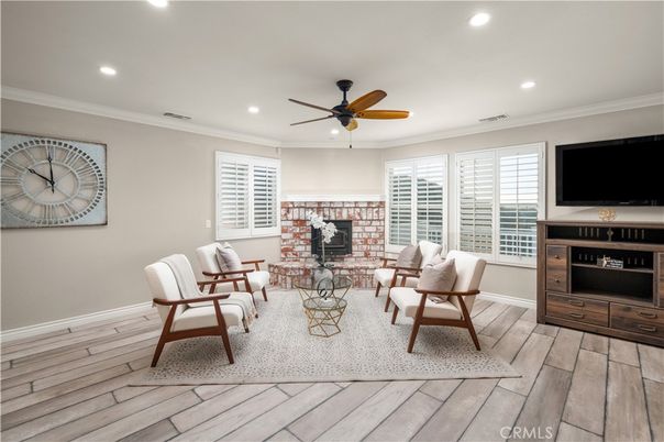 Fireplace, Interior, Living room, Recessed Lighting, Wood Texture Flooring