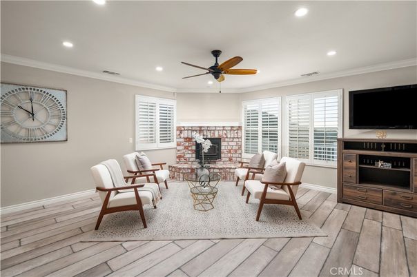 Fireplace, Interior, Living room, Recessed Lighting, Wood Texture Flooring