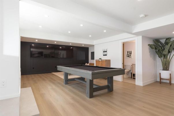 Billiard Table, Game Room, Interior, Recessed Lighting, Wood Texture Flooring