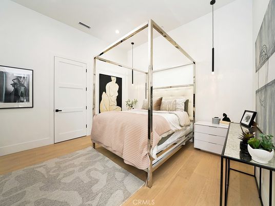 Bedroom, Interior, Pendant Lights, Recessed Lighting, Wood Texture Flooring