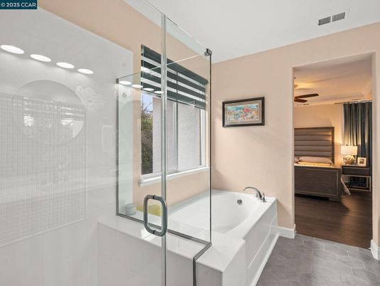 Bathroom, Bedroom, Glass Shower, Interior, Recessed Lighting, Wood Texture Flooring