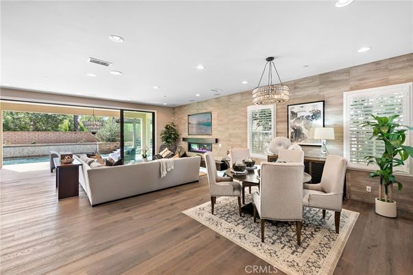 Chandelier, Dining room, Interior, Living room, Recessed Lighting, Wood Texture Flooring