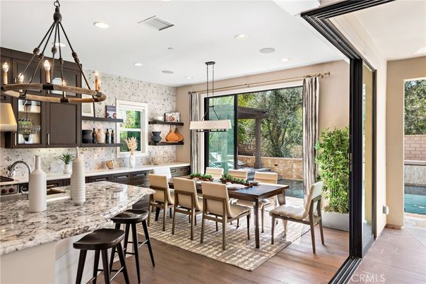 Dining room, Interior, Kitchen, Pendant Lights, Recessed Lighting, Wood Texture Flooring