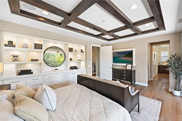 Bedroom, Interior, Recessed Lighting, Wooden Beams, Wood Texture Flooring