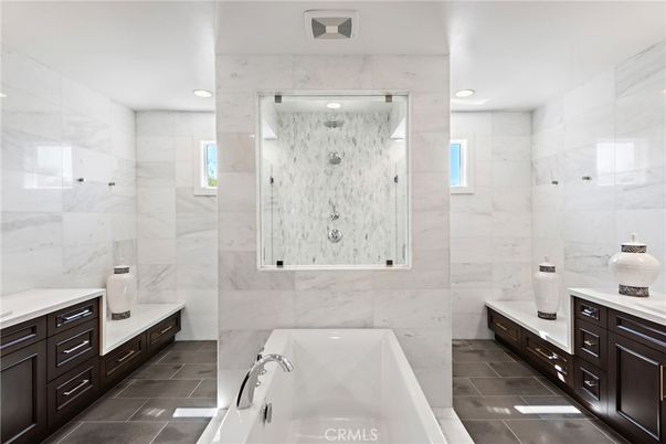 Bathroom, Dual Sink Vanities, Interior, Marble Walls, Recessed Lighting