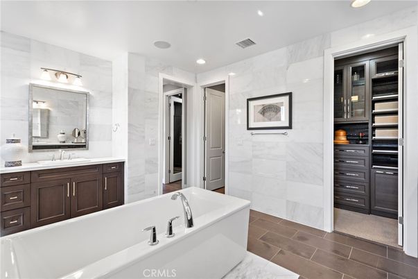 Bathroom, Dual Sink Vanities, Interior, Marble Walls, Recessed Lighting