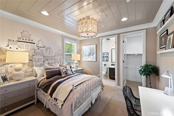 Bedroom, Chandelier, Interior, Recessed Lighting, Wooden Ceilings