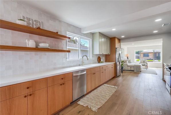 Interior, Kitchen, Living room, Recessed Lighting, Stainless Steel Appliances, Wood Texture Flooring