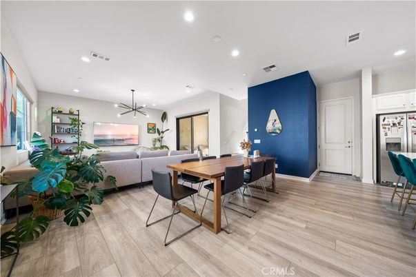 Dining room, Interior, Living room, Pendant Lights, Recessed Lighting, Wood Texture Flooring