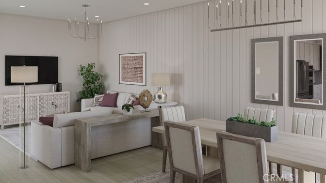 Dining room, Interior, Living room, Pendant Lights, Recessed Lighting, Wood Texture Flooring