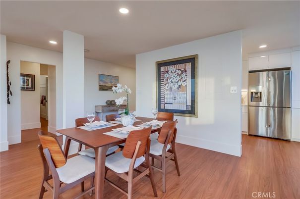 Dining room, Interior, Kitchen, Recessed Lighting, Stainless Steel Appliances, Wood Texture Flooring