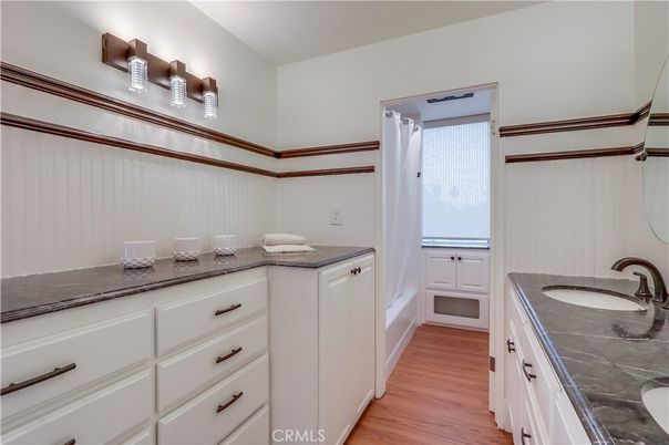 Bathroom, Dual Sink Vanities, Interior, Tile Countertops, Wood Texture Flooring