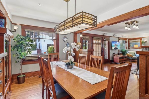 Dining room, Interior, Pendant Lights, Recessed Lighting, Wood Texture Flooring
