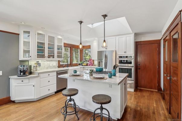 Interior, Kitchen, Pendant Lights, Recessed Lighting, Stainless Steel Appliances, Wood Texture Flooring