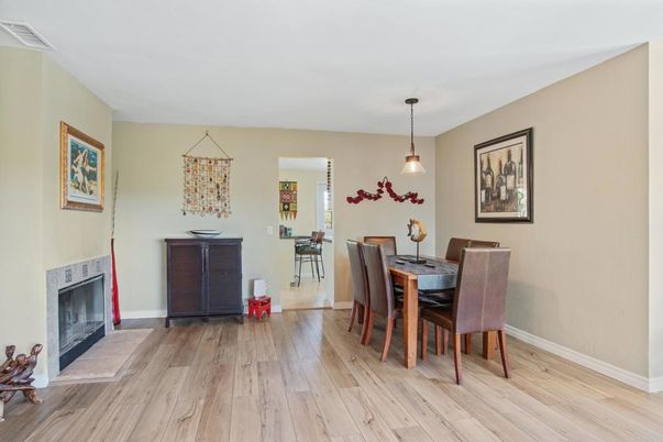 Dining room, Fireplace, Interior, Pendant Lights, Wood Texture Flooring