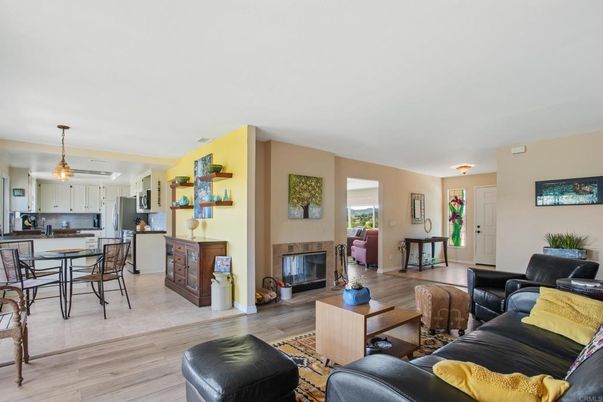 Dining room, Fireplace, Interior, Kitchen, Living room, Pendant Lights, Wood Texture Flooring