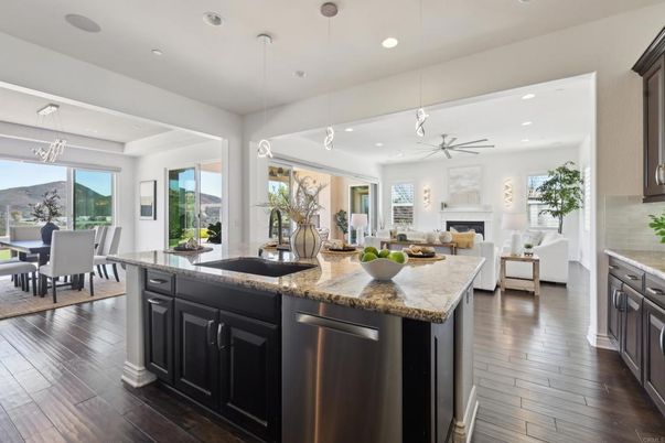 Dining room, Fireplace, Interior, Kitchen, Living room, Pendant Lights, Recessed Lighting, Wood Texture Flooring