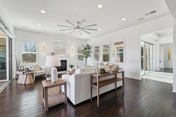 Fireplace, Interior, Living room, Pendant Lights, Recessed Lighting, Wood Texture Flooring