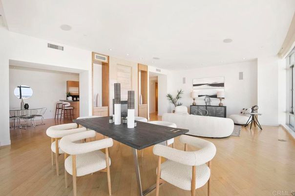 Dining room, Interior, Living room, Recessed Lighting, Wood Texture Flooring