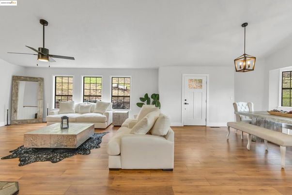 Dining room, Interior, Living room, Pendant Lights, Wood Texture Flooring