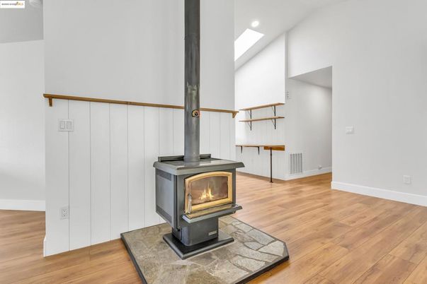 Fireplace, Interior, Recessed Lighting, Wood Texture Flooring