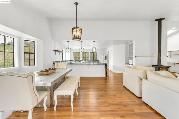 Dining room, Interior, Kitchen, Living room, Pendant Lights, Wood Texture Flooring