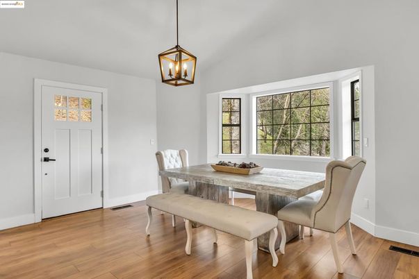Dining room, Interior, Pendant Lights, Wood Texture Flooring