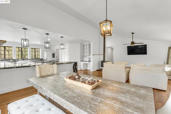 Dining room, Interior, Kitchen, Living room, Pendant Lights, Wood Texture Flooring