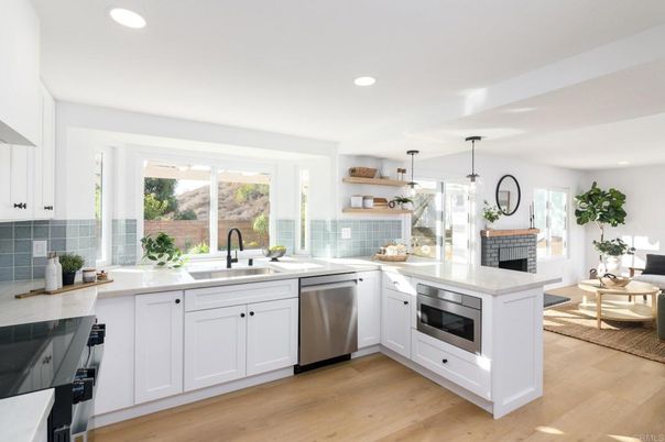 Fireplace, Interior, Kitchen, Pendant Lights, Recessed Lighting, Stainless Steel Appliances, Wood Texture Flooring