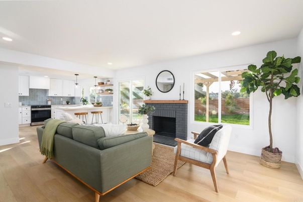 Dining room, Fireplace, Interior, Kitchen, Living room, Pendant Lights, Recessed Lighting, Wood Texture Flooring