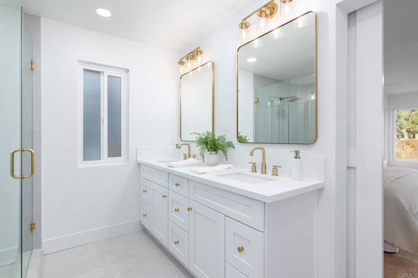 Bathroom, Dual Sink Vanities, Glass Shower, Interior, Recessed Lighting