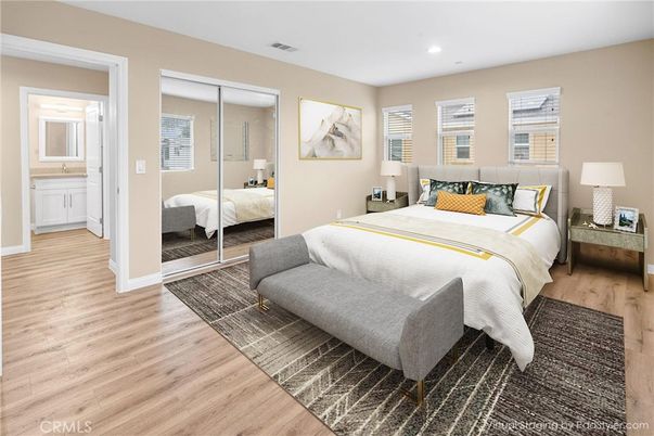 Bedroom, Interior, Recessed Lighting, Wood Texture Flooring