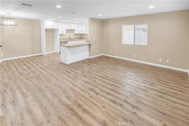 Empty room, Interior, Kitchen, Pendant Lights, Recessed Lighting, Wood Texture Flooring
