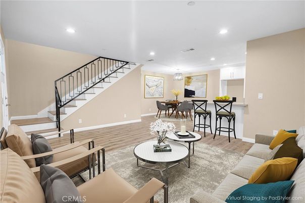 Dining room, Interior, Living room, Recessed Lighting, Wood Texture Flooring