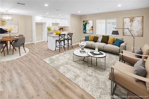 Dining room, Interior, Kitchen, Living room, Pendant Lights, Recessed Lighting, Wood Texture Flooring