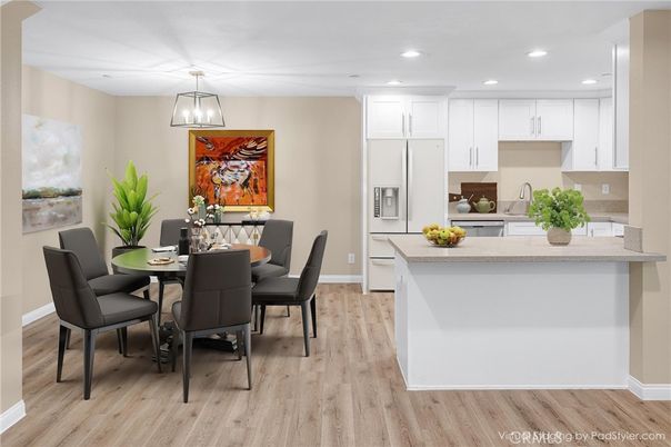 Dining room, Interior, Kitchen, Pendant Lights, Recessed Lighting, Wood Texture Flooring