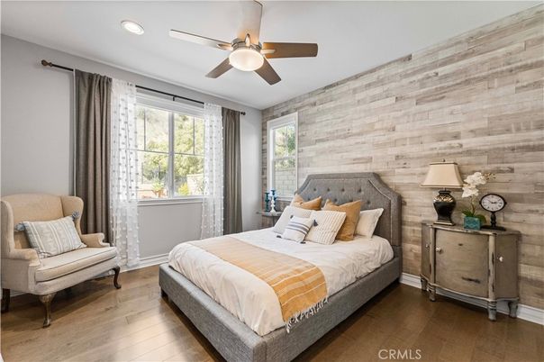 Bedroom, Interior, Recessed Lighting, Wood Texture Flooring, Wooden Walls
