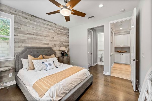 Bedroom, Interior, Recessed Lighting, Wood Texture Flooring, Wooden Walls