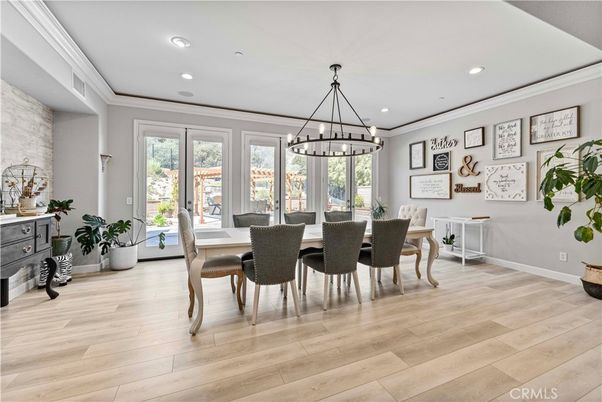 Chandelier, Dining room, Interior, Pendant Lights, Recessed Lighting, Wood Texture Flooring