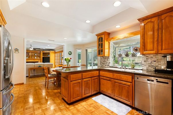 Dining room, Interior, Kitchen, Recessed Lighting, Stainless Steel Appliances, Wood Texture Flooring