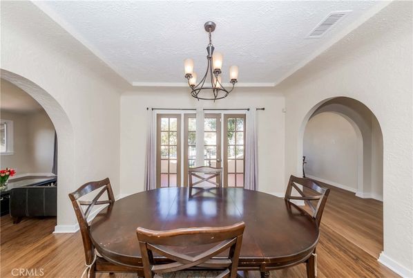 Chandelier, Dining room, Interior, Wood Texture Flooring