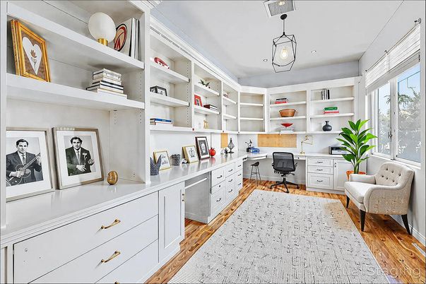 Home Office, Interior, Pendant Lights, Wood Texture Flooring