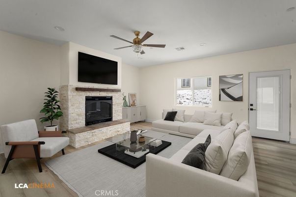Fireplace, Interior, Living room, Recessed Lighting, Wood Texture Flooring