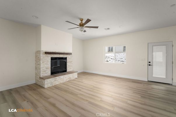 Empty room, Fireplace, Interior, Recessed Lighting, Wood Texture Flooring
